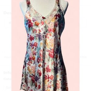 Floral Satin Lace Slip Dress Size M | Coquette Cottagecore Y2K